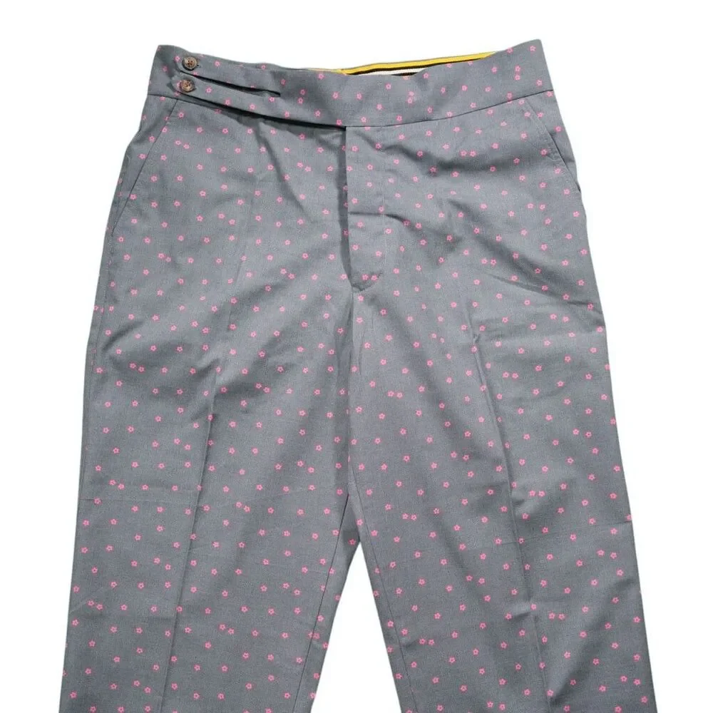 Mens 34 Gurkha Pants Gray Pink Floral Cotton Flat Front Straight Fit Trousers